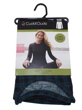 Cuddl Duds Womens L Long Sleeve Crew Softwear Stretch Warm Layers Green Plaid